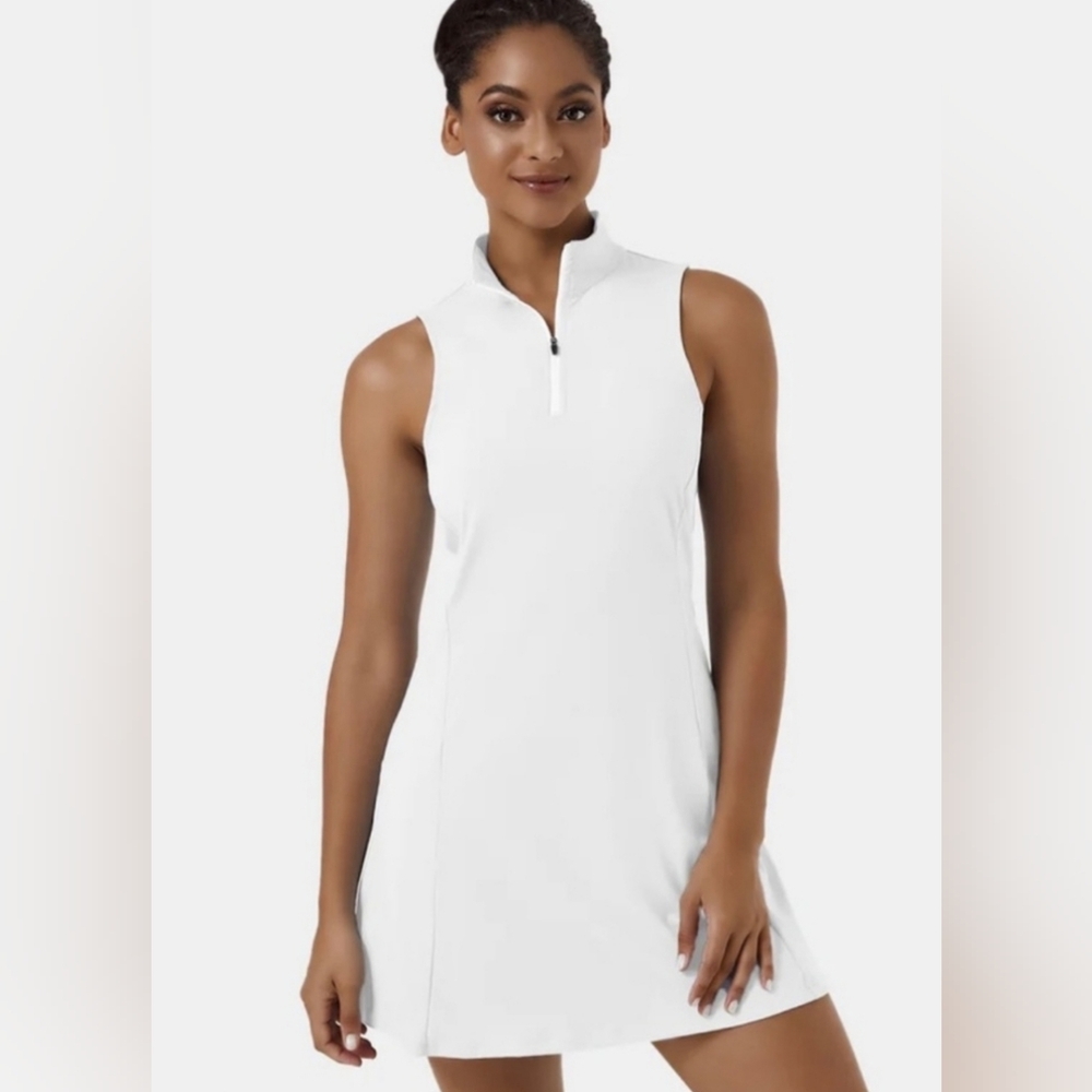 Wmns Medium Halara White Sleeveless Zip-Up Dress With Shorts